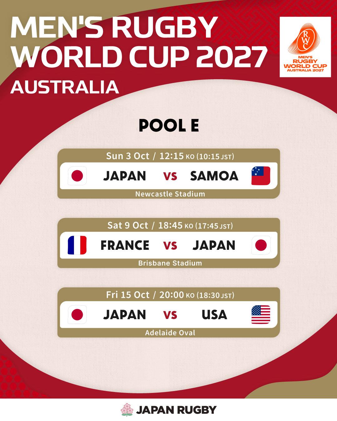 ワールドカップラクビー チケット(10/13終了分) 男子ラグビーワールドカップ2027オーストラリア大会 日本代表試合日程